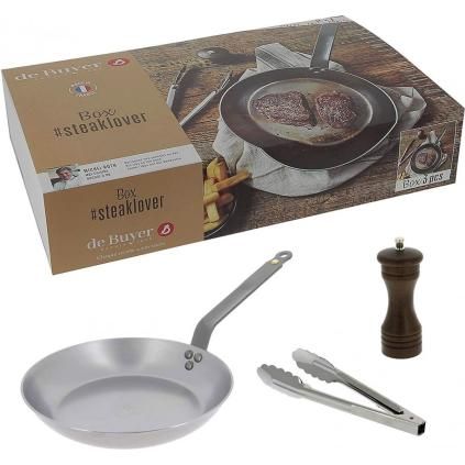 Tava za odreske MINERAL B, 26 cm, s mlincem za papar i kuhinjskim hvataljkama, de Buyer