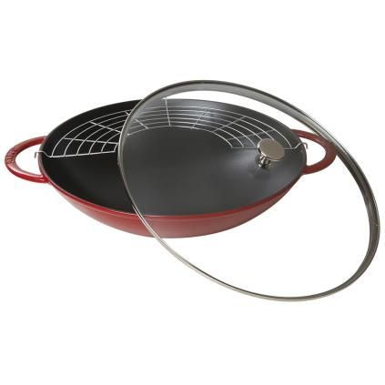 Wok, 37 cm, sa staklenim poklopcem, trešnja, lijevano željezo, Staub