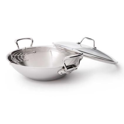 Wok, 32 cm, ručke od nehrđajućeg čelika, stakleni poklopac, Mauviel